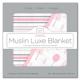 SwaddleDesigns 4-Layer Cotton Muslin Luxe Blanket, Cuddle and Dream, Pink Thicket and Stripes