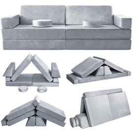 Olasme Kids Play Couch - 10 Pcs Toddler Sofa, Foam Modularized Convertible Couch Set for Playroom Bedroom (Grey), MSH-032