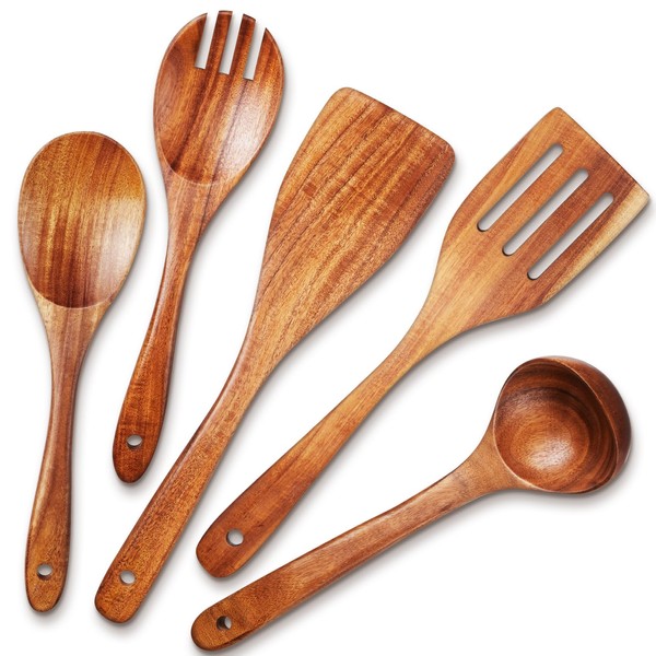 TeamFar Wooden Spoons for Cooking, 5 PCS Natural Wood Kitchen