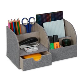 Relaxdays Desk Organiser, Drawer & 6 Compartments, Linen Look, H x D: 14.5 x 28 x 14.5 cm, Office Pen Holder, Grey