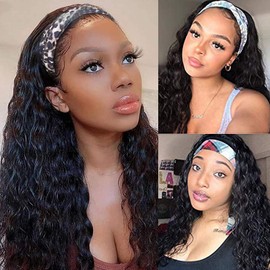 Wet and Wavy Human Hair Wig Headband Attached 22inch Glueless Easy Wear Human Hair Band Wig 150% Density Water Wave Headband Wig for Women Curly None Lace Front Wigs with Elastic Hair Band Half Wig