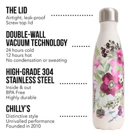 Chilly's Water Bottle, Stainless Steel and Reusable, Leak-Proof, Sweat-Free, Winter Flowers, 500 ml