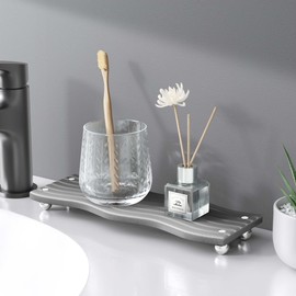 Water Absorbing Stone Tray for Sink, Diatomite Drying Stone for Kitchen Bathroom Counter, Decorative Raised-Feet Vanity Tray, Sink Caddy Organizer for Dish Soap & Sponge Holder [Dark Grey, 12'' x 4'']