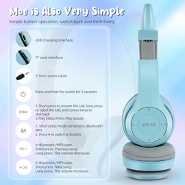 LIFEJXWEN Kabellose Bluetooth-Kopfhörer für Kinder, Katzenohrhörer, Stereo, kabellos, faltbar, mit LED, FM/SD-Karte, Anrufbeantwortung, für Kinder und Erwachsene (blau weiß)