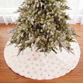 YUDAEE Christmas Tree Skirts 90cm/36in White Xmas Tree Skirts with Gold Snowflake Faux Fur Christmas Tree Mat Base Cover for Christmas Thanksgiving New Year Home Party Festival Glittering Decoration