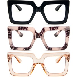 REAVEE 3 Pack Oversized Reading Glasses for Women Large Frame Extra Wide, Blue Light Blocking Readers Stylish Square Thick Eyewear, Black+Leopard Pink+Champagne, 1.5