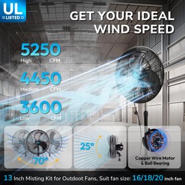 Tornado 20 Inch Outdoor Misting Pedestal Fan, 5250 CFM Oscillating Water-Resistant Fan with 7-Nozzle Misting Kit, 19.69 FT Hose & Brass Adapter for Patio, Garden, Backyard Cooling
