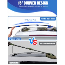 15°Curved Car Wash Brush with Long Handle Kit, 55-Inch 4-Section Extendable Pole with Replacement Head, Chenille Mitt, Tire & Wheel Hub Brushes, Towel, Storage Bag for Car, RV, Truck [Scratch Free]