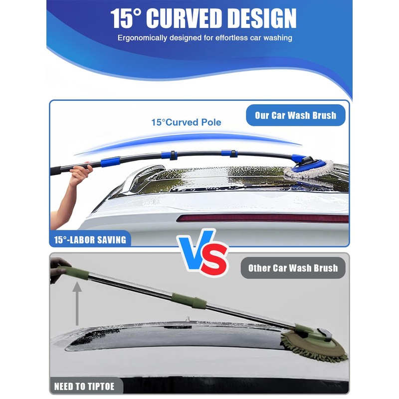 15°Curved Car Wash Brush with Long Handle Kit, 55-Inch 4-Section