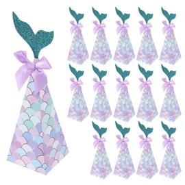 MOLENCO 15 Pcs Mermaid Themed Candy Boxes, Purple Bow Party Favors Paper Mermaid Candy Box, Triangular Cone Mermaid Tail Candy Boxes for Birthday, Wedding and Festivals