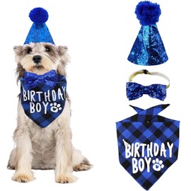 3pcs Dog Birthday Party Supplies, Plaid Dog Birthday Bandana Boy Scarf, Reusable Dog Birthday Hat, Adjustable Bow Tie for Pets, Perfect Birthday Outfit for Cats and Dogs, Birthday Decoration Set