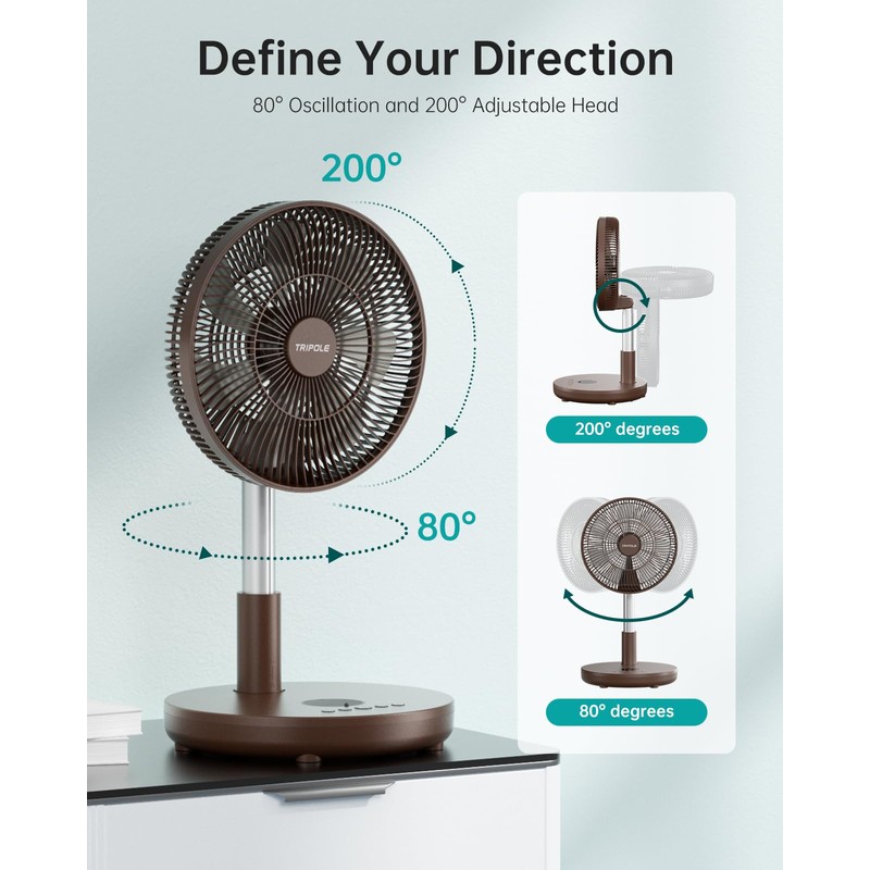 TriPole Foldable Standing Fan 12" Portable Rechargeable Battery Pedestal Fan