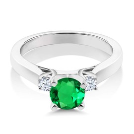 Gem Stone King 925 Sterling Silver Green Nano Emerald and White Created Sapphire 3-Stone Engagement Ring For Women (0.87 Cttw, Round 6MM, Gemstone May Birthstone, Size 7)