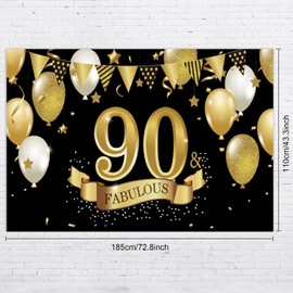 JUNRU 90th Birthday Black Gold Party Decoration, Large Fabric Black Gold Sign Poster for 90th Anniversary Backdrop Banner, 90th Birthday Party Supply Photo Booth 72.8 x 43.3 Inch