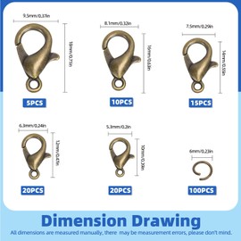 Glarks 170Pcs Bronze Lobster Claw Clasp with Open Jump Rings Kit 10mm 12mm 14mm 16mm 18mm Necklace Clasps for Bracelet Necklace Jewelry Making