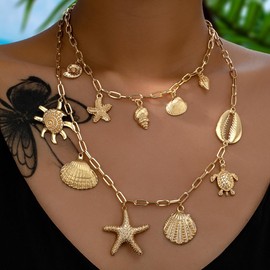Boho Starfish Shell Conch Charm Layered Necklace for Women Bohemian Trendy Gold Turtle Seashell Sea Star Pendant Paperclip Link Chain Dainty Chunky Choker Collar Ocean Summer Beach Hawaiian Jewelry