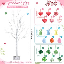 Riceshoot 4 Ft Valentine's Day Tree Lighted Birch Tree with 36 Pcs Heart Baubles Shamrock Egg Hanging Ornaments 64 LED Lights Indoor Light Tree Decor for St Patrick Easter(Cute)