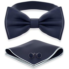 Adam Young Boy's Navy Blue Bow Tie with Handkerchief & Cufflinks Pre-Tied Style Formal Satin Classic Bowtie for Tuxedo Faux Silk (Medium, Navy Blue)
