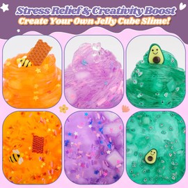 JAiiMen Slime Kit - 3 Pack Jelly Cube Clear Crunchy Slime with Avocado, Honeycomb and Lavender Bear Charms, Preppy and Aesthetic Stuff, Cute Stress Toys and Cool Birthday Gifts for Girls and Boys