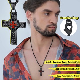 FaithHeart Black Cross Pendant Mens Necklace Retro Style Seals of Knights Templar Protective Jewelry Stainless Steel Medieval Charm for Luck
