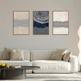 LHIUEM Large Navy Blue Abstract Shapes Framed Canvas Wall Art Set,Modern Tree Rings Wall Decor,Neutral Wooden Artwork for Living Room,Bedroom,Dining Room,Office -24"x36"x3