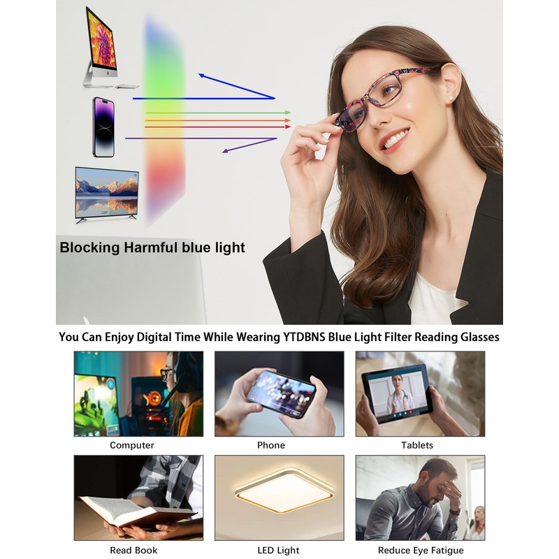 YTDBNS Reading Glasses for Women, Stylish Blue Light Blocking Readers,