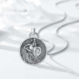 Thanches Round St Michael Pendant Necklace for Men Women, 925 Sterling Silver Archangel Michael Medal Pendant Patron Saint of Courage and Protection Amulet Religious Jewelry Gifts, Small, Sterling