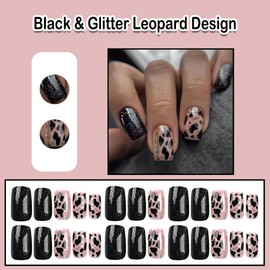 ANDGING Black Press on Nails Short Square Fake Nails with Glue Acrylic Glue on Nails with Glitter Leopard Design Gel Manicure False Nails for Wedding Birthday Stick on Nails for Women 24Pcs KAM668