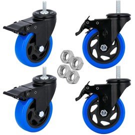 4 inch 3/8"-16 x 1 Threaded Caster Wheels 1200 lbs Heavy Duty Stem Caster with Brakes for Shelving Cart Furniture Workbench (Free Nuts, Blue)