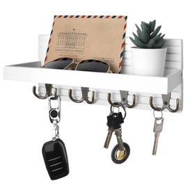 FESSOSKO Schlüsselbrett Holz mit Ablage, Schlüsselhalter Schlüsselregal mit 8 Haken, Wand Schlüsselboard für Flur, Schlafzimmer & Küche, Hängen Küchenbesteck, Weiß