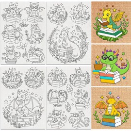 DOODLREAM 22Pcs Dragon with Books Water Soluble Hand Sewing Stabilizers, 21 x 29.7cm Cartoon Dragon Embroidery Pattern Stabilizer, 4 Sheets Stick and Stitch Embroidery Paper Sticker