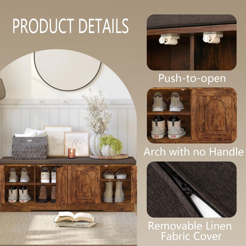 DINZI LVJ Shoe Bench, Entryway Storage Bench with Doors, Cushion,