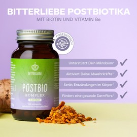 BitterLiebe - Postbio * Komplex Kapseln vegan - fermentierte Pflanzenpower mit Biotin und Vitamin B6 - unterstützt dein Mikrobiom *, aktiviert deine Abwehrkräfte * und senkt Entzündungen *