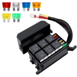 12V Pre-Wired Relay Box, Sealed Fuse Block with 6 Relays (4 Pins) and 12 Way ATC/ATO Blade Fuses (6 Fuses + 6 Free Fuses), for Automotive and Marine Applications