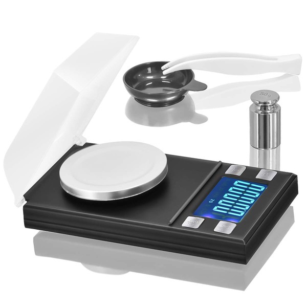 Digital Pocket Scale 50 x 0.001g, Mini Jewelry Gold Lab Carat Powder Weigh Scales with Calibration Weights Tweezers, Weighing Pans, LCD Display
