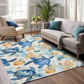 Sea Turtles and Seashells 5x7 Area Rugs for Living Room,Beachy Watercolor Washable Rugs Large Bedroom Non-Slip Low-Plie Entryway Rug Floor Mat Carpet for Dining Laundry Room Office Rug