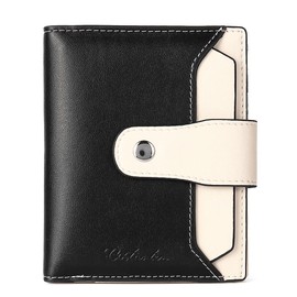 BOSTANTEN Women Leather Wallet RFID Blocking Small Bifold Zipper Pocket Wallet Card Case Purse with ID Window Black-Beige