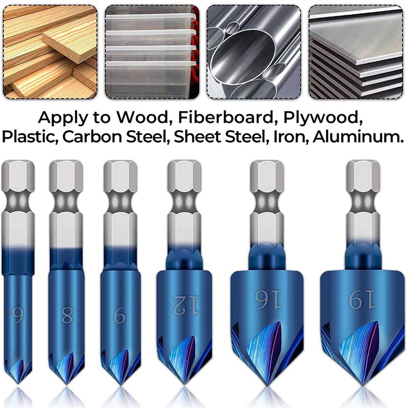 KEWAYO 6 PCS Countersink Drill Bit Set, 1/4" Hex Shank