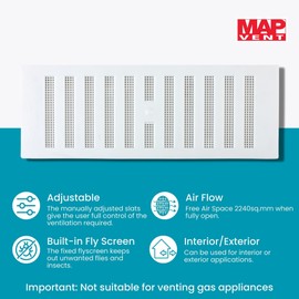 MAP 9" x 3" Adjustable Plastic Vent Grille with Fly Screen Cover - White