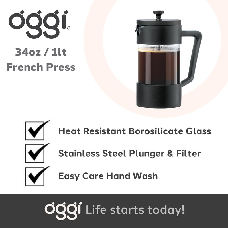 Oggi Borosilicate Glass French Press Coffee Maker (34oz)- 8 Cup