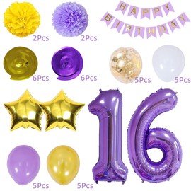 ZWWsullo Birthday Party Decoration 16th Birthday Party Decoration Accessories 16th Birthday Decoration Banner Purple Birthday Decoration 16 Girls Balloons Birthday Set 16th Birthday Decorations