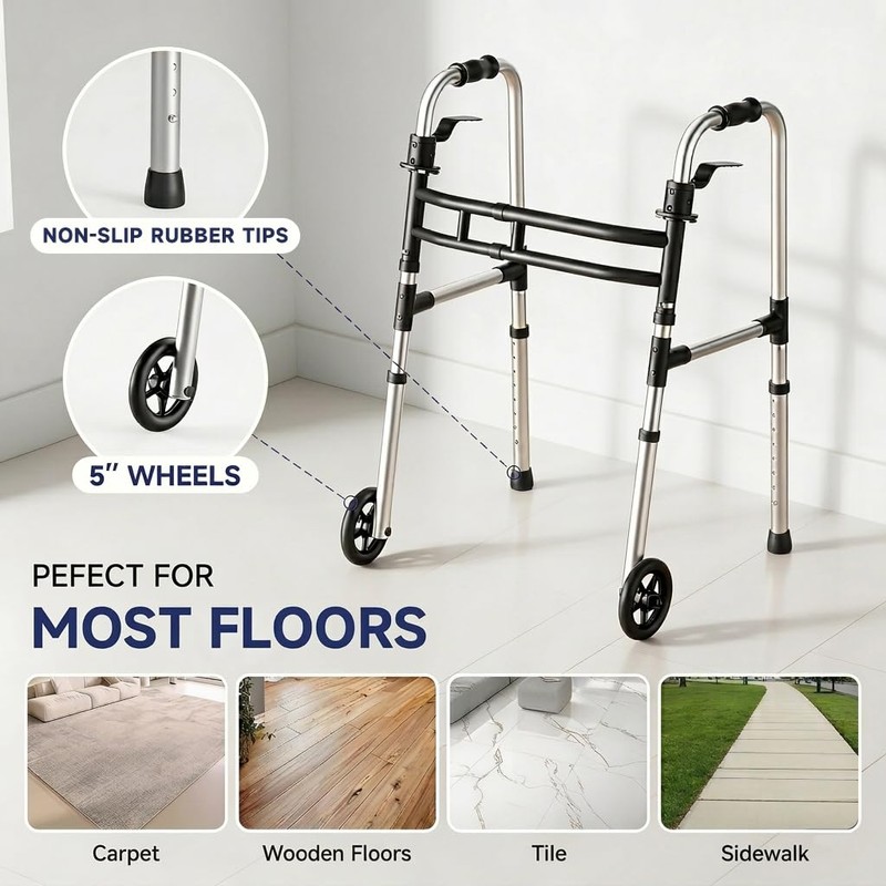 Onpickly Foldable Walker for Seniors with 5" Wheels, Lightweight, Silver
