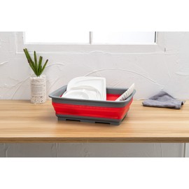 DIVCHI Folding Washbasin Collapsible Washing Up Bowl Retractable Portable Thickened Travel Washbasin Wash Foam Foot Travel Outdoor Car Laundry Washing Basin (Red/Grey)