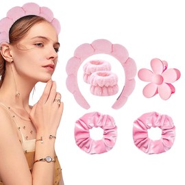 FENQURO Sponge Spa Headband for Women Soft Make Up Wrist Wash Band Set Skin Care Headbands Terry Fabric Bubbles Hair Band for Face Wash Removal Yoga Sports Shower (Pink)