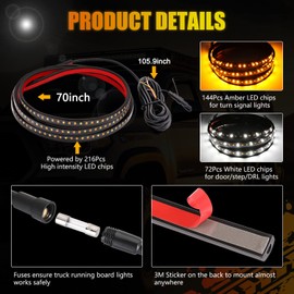 Truck LED Running Board Lights, Niwaker 2PCS 70 Inch LED Side Marker Lights for Extended & Crew Cab Sequential Amber Turn Signal Light Strips & White Courtesy Light Bar for Truck Pickup SUV Off Road