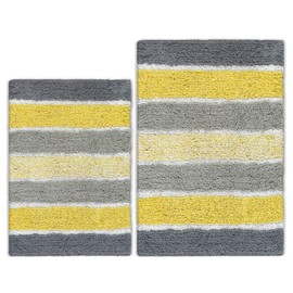 Chardin home Cordural Stripes Bath Mat, Set of 2 Bath Rugs (17 Inches x24 Inches & 21 Inches x34 Inches) | Non Slip Bathroom Rug, Machine Washable, Plush, Highly Absorbent | Yellow- Grey & White