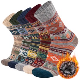 COOPLUS Warm Wool Socks Mens Winter Thermal Thick Crew Cold Weather Pattern Socks (5 Pairs)