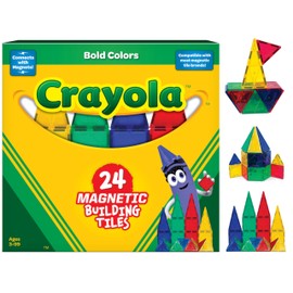 CreateOn Crayola Bold Magnetic Tiles, Building Set for Kids, Magnetic Tiles, Kids’ Building Toys, STEM and Montessori Toys for Boys and Girls Ages 3+, 24-Piece Set (Bold)