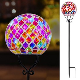 VCUTEKA Solar Outdoor Lights Garden Decor Mosaic Solar Garden Lights Waterproof Glass Ball LED Pathway Stake Light for Landscape Lawn Patio Yard Decoration 6 inch, Red