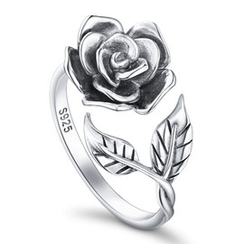 Alphm S925 Sterling Silver Rose Flower Ring Adjustable Wrap Open Jewelry for Women Friend Mom Bride Girlfriend Sisters Teen, 7, Sterling Silver, Cubic Zirconia
